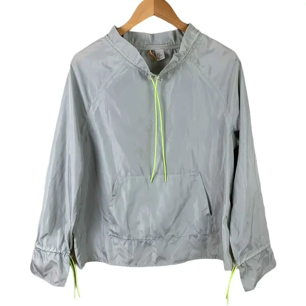 H&M Grey Neon Green Blouse Stand-Up Collar Pullover Windbreaker Drawstring 8 M